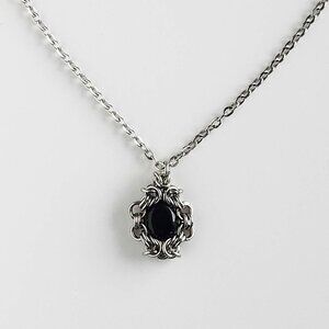 Gothic black onyx chainmail dainty pendant necklace with a small silver chain
